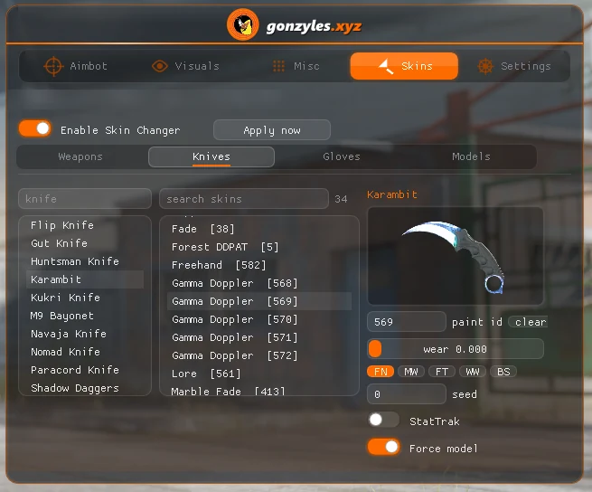 Premium menu, skins tab with a Karambit selected