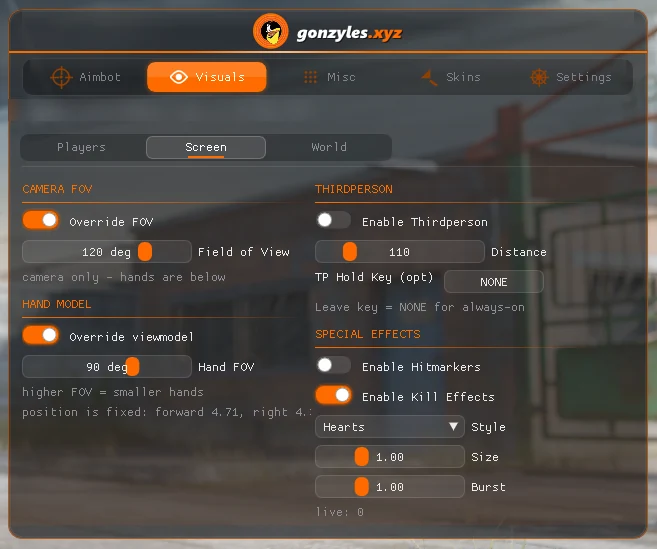 Premium menu, visuals tab