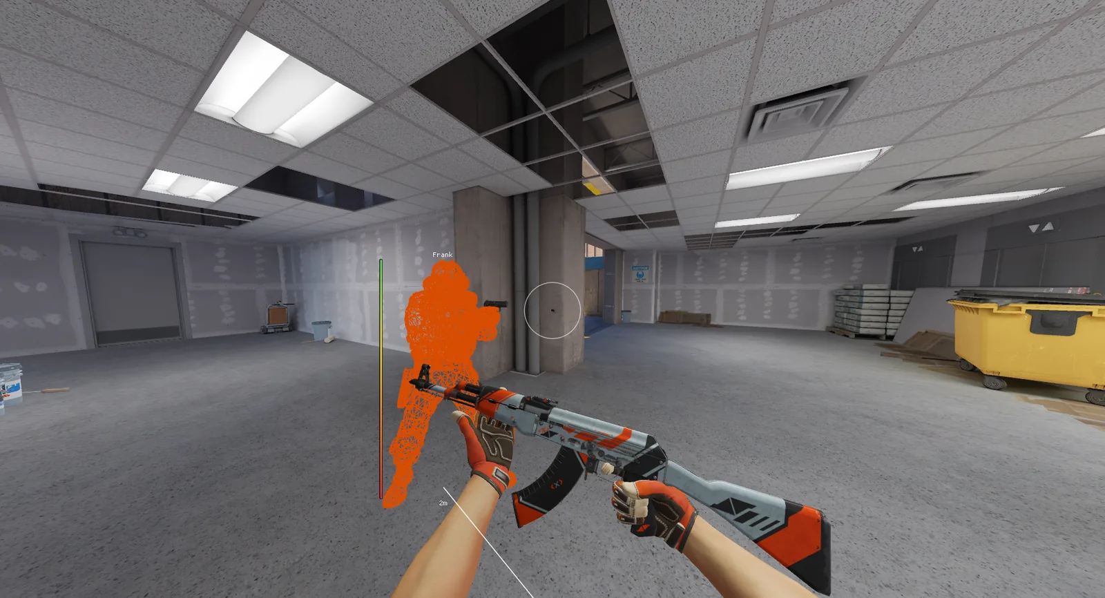 The same scene with premium on: chams on the enemy and a skinned rifle