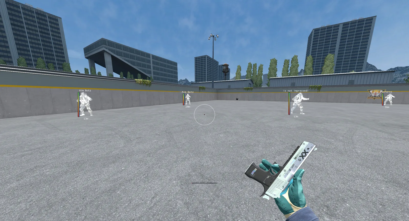 A skinned Desert Eagle and gloves in game, enemies shown in white chams